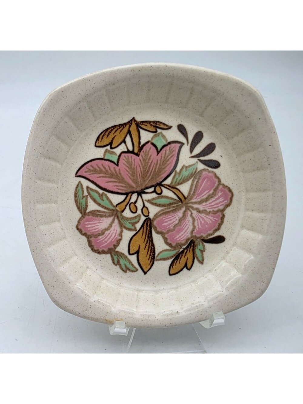 1970s Palissy Floral Ceramic Trinket Plate Dish Vintage 5" Pink Teal Mustard